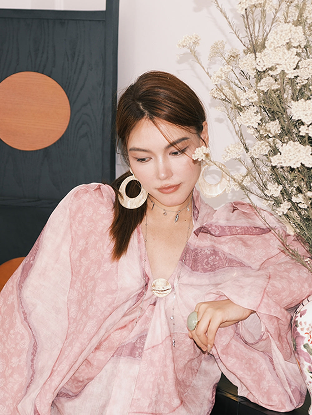 MUKZIN“Capsule Collection”Pink-toned Ombre Lantern Sleeve Blouse