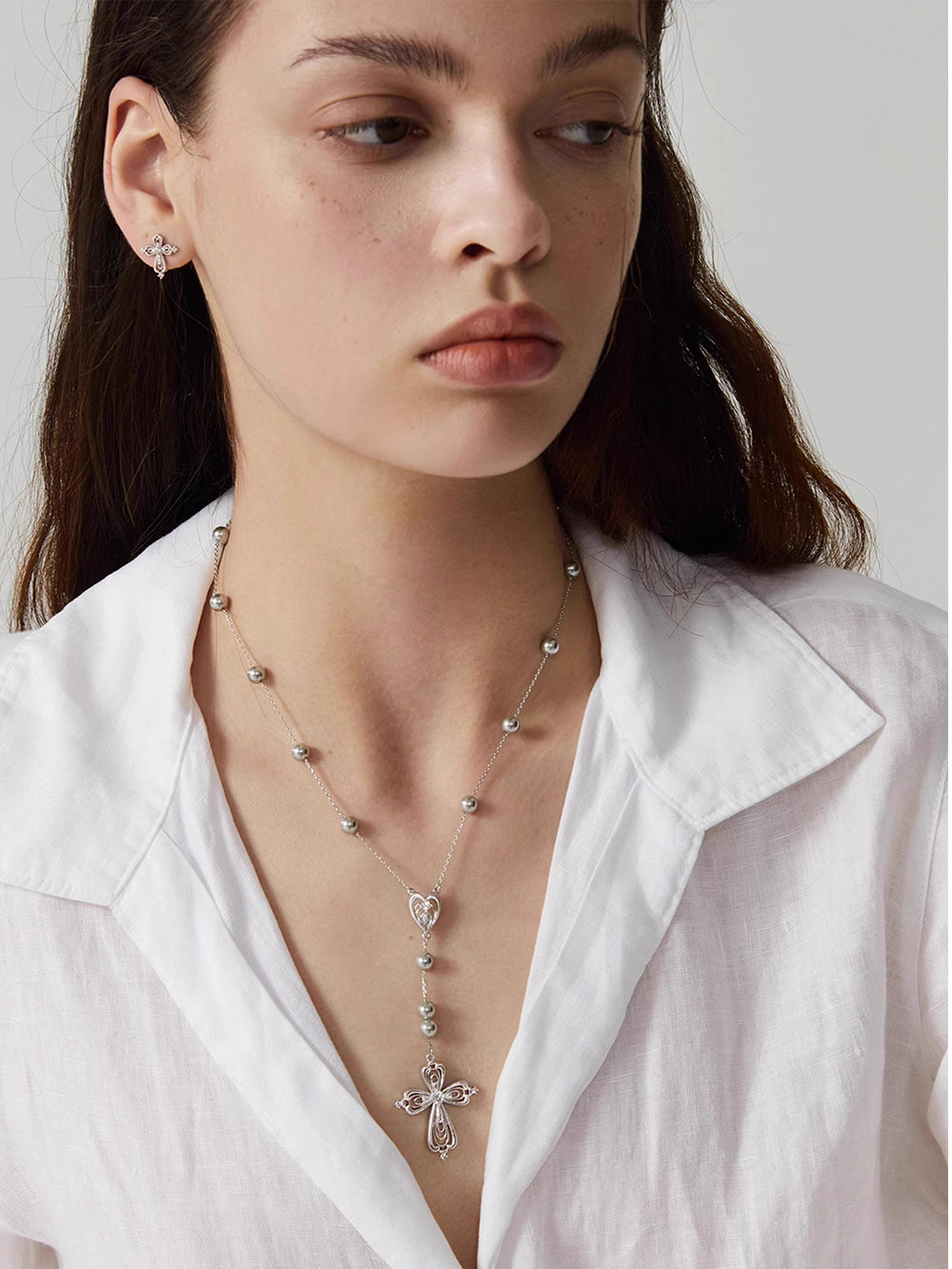 MUKTANK×SUN HUNTER Lace cross pearl Y-chain
