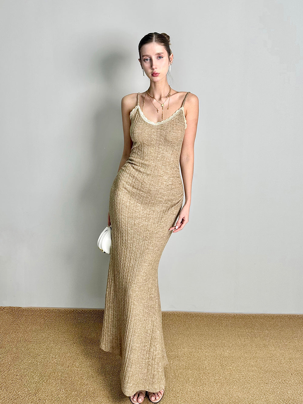 MUKTANK×Jqwention Patchwork V-Neck Slim-Fit Knit Lace Two-Piece Dress