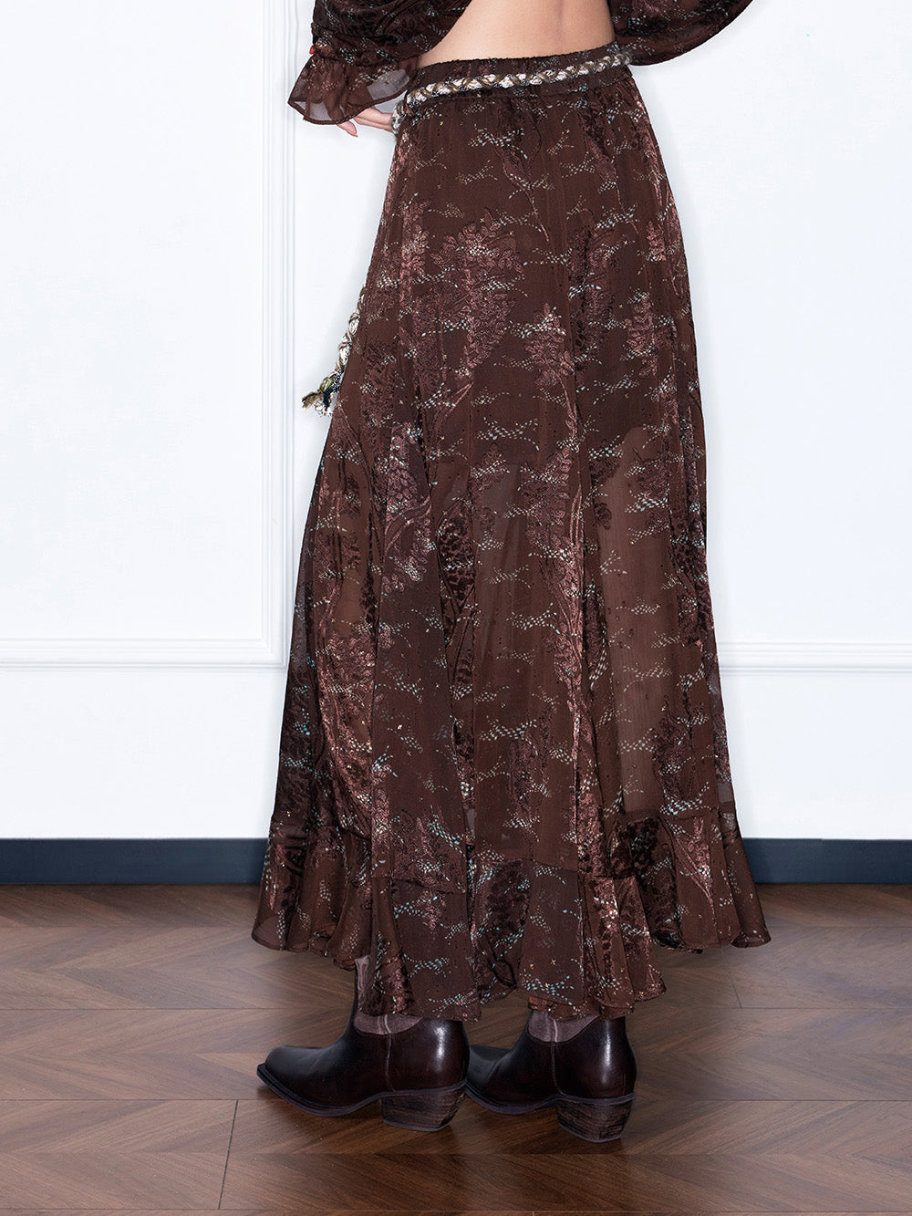 MUKZIN“Capsule Collection”Sheer Embroidered Brown Maxi Skirt | High Waist Boho Slit Skirt