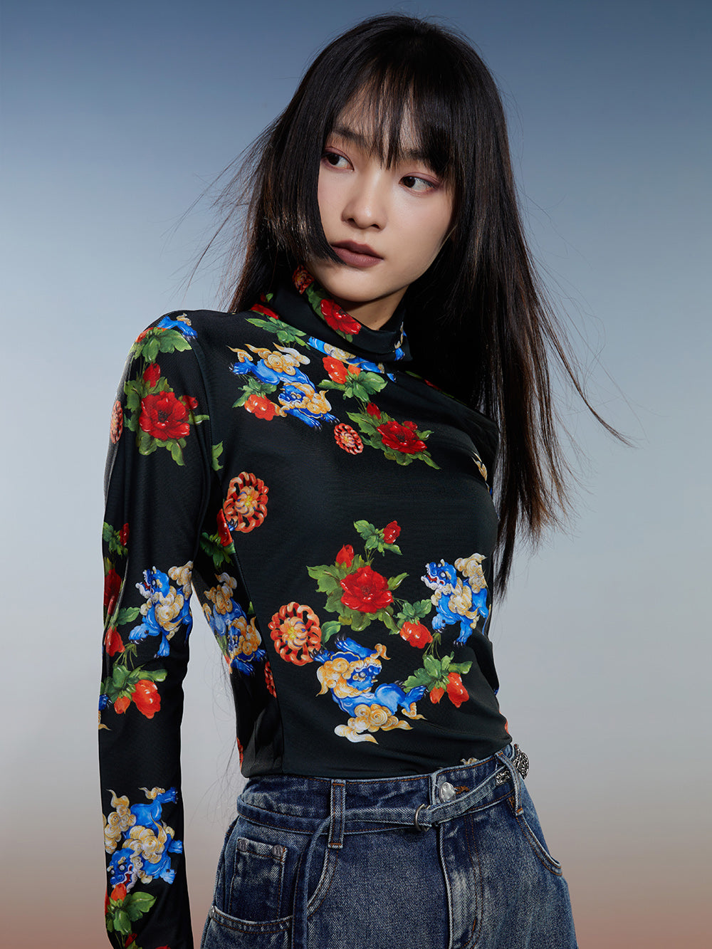 Thickened Fleece-Lined Autumn & Winter National Style Printed Turtleneck Base Shirt