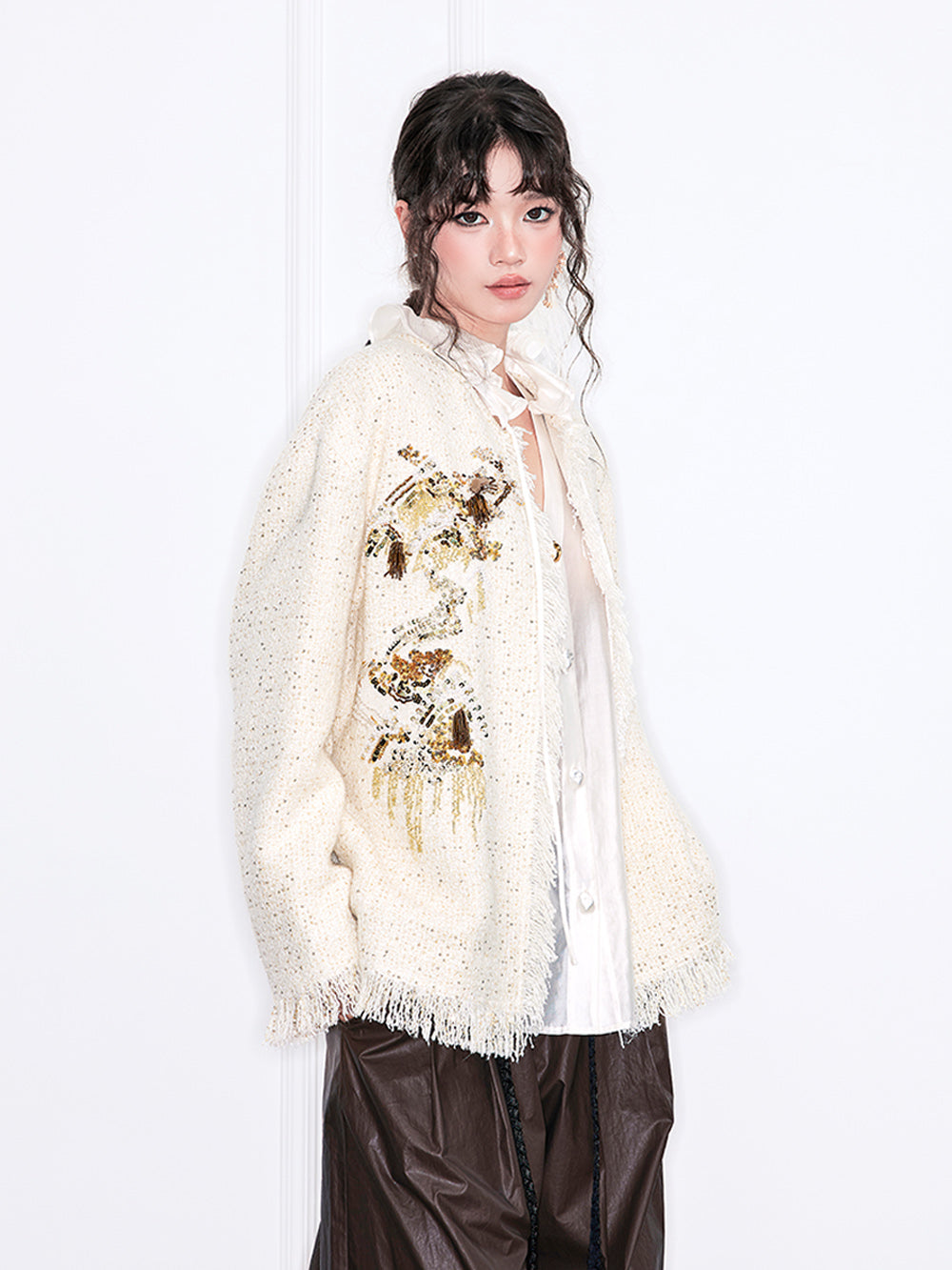 MUKZIN“Realm of Ethereal Mist”Off - White Tweed Cardigan with Sequin Embroidery and Fringes