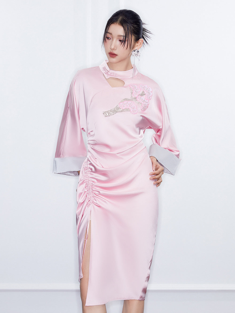 MUKZIN SpringPrelude“Wind in the Pines” New Chinese-style Satin Cheongsam Skirt with Waist Gathers