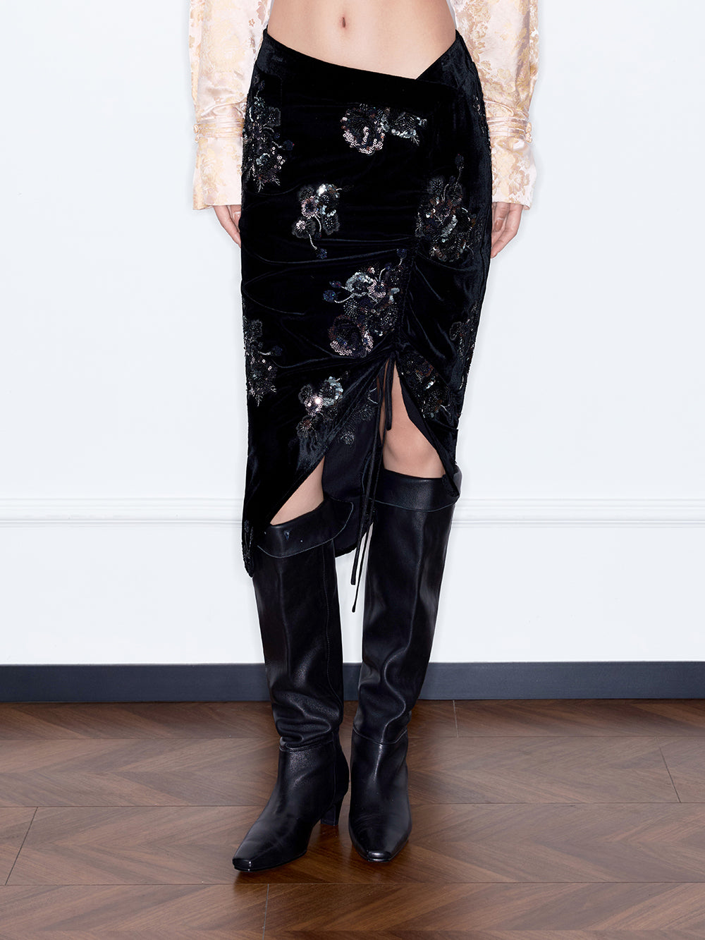 MUKZIN“Capsule Collection”New Chinese Style Heavy Sequin Embroidery Velvet Midi Skirt