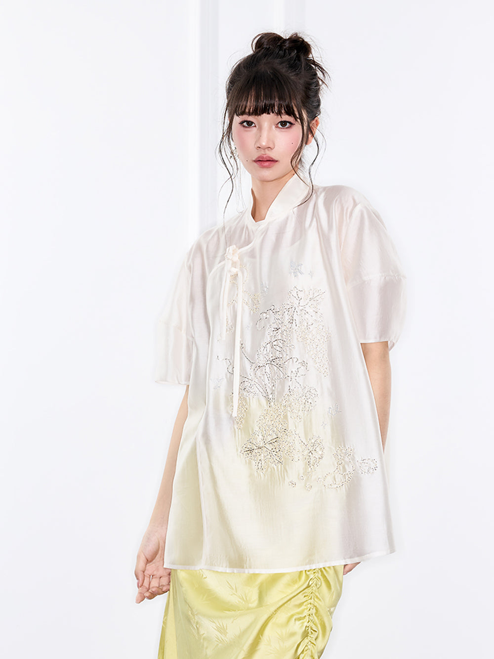 MUKZIN  SpringPrelude Chanting Pine Chinese - style Irregular Cheongsam - collar Jacquard Shirt