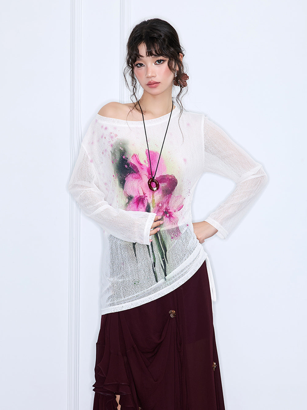 MUKZIN“Realm of Ethereal Mist”Vintage Hong Kong-style printed versatile knit base shirt