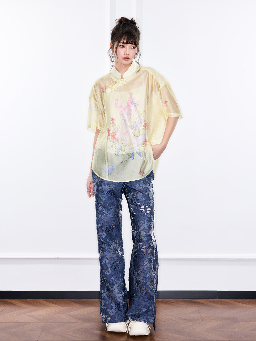 Mukzin "Ode To The New Summer"New Chinese-Style Shirt With Frog Buttons At The Collar And Printed Patterns