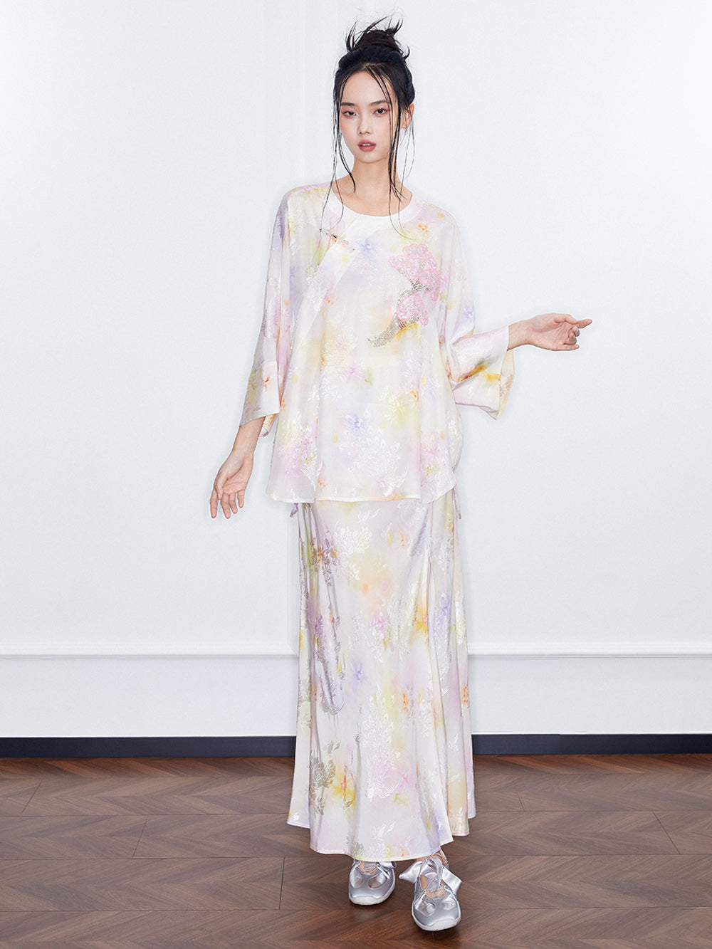 MUKZIN SpringPrelude Spring Mountain Drunk Gradient Printing Side-slit Big A-line Umbrella Skirt