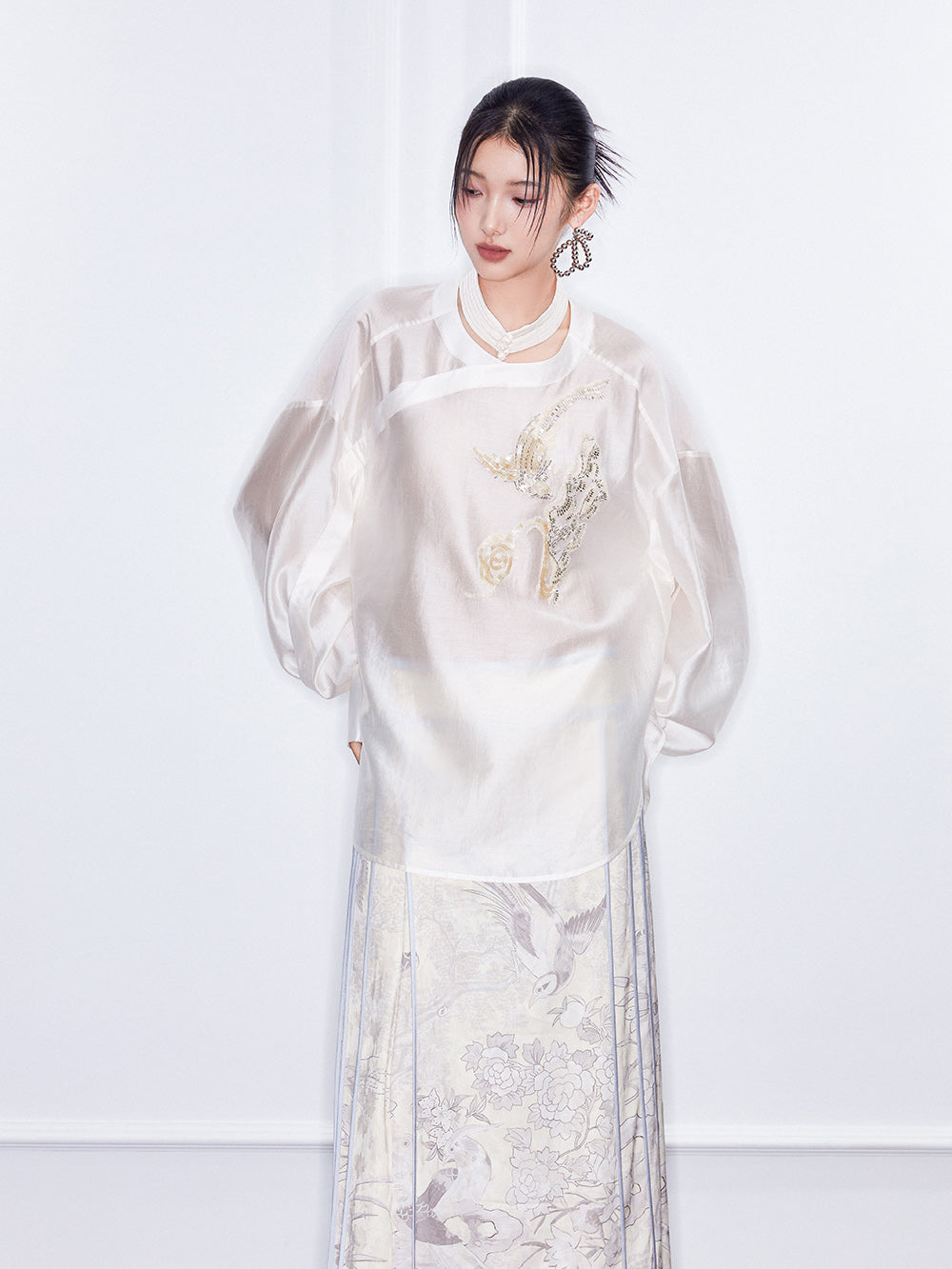 MUKZIN SpringPrelude Chanting Pine Chinese - style Round - collar Translucent Traditional - style Shirt