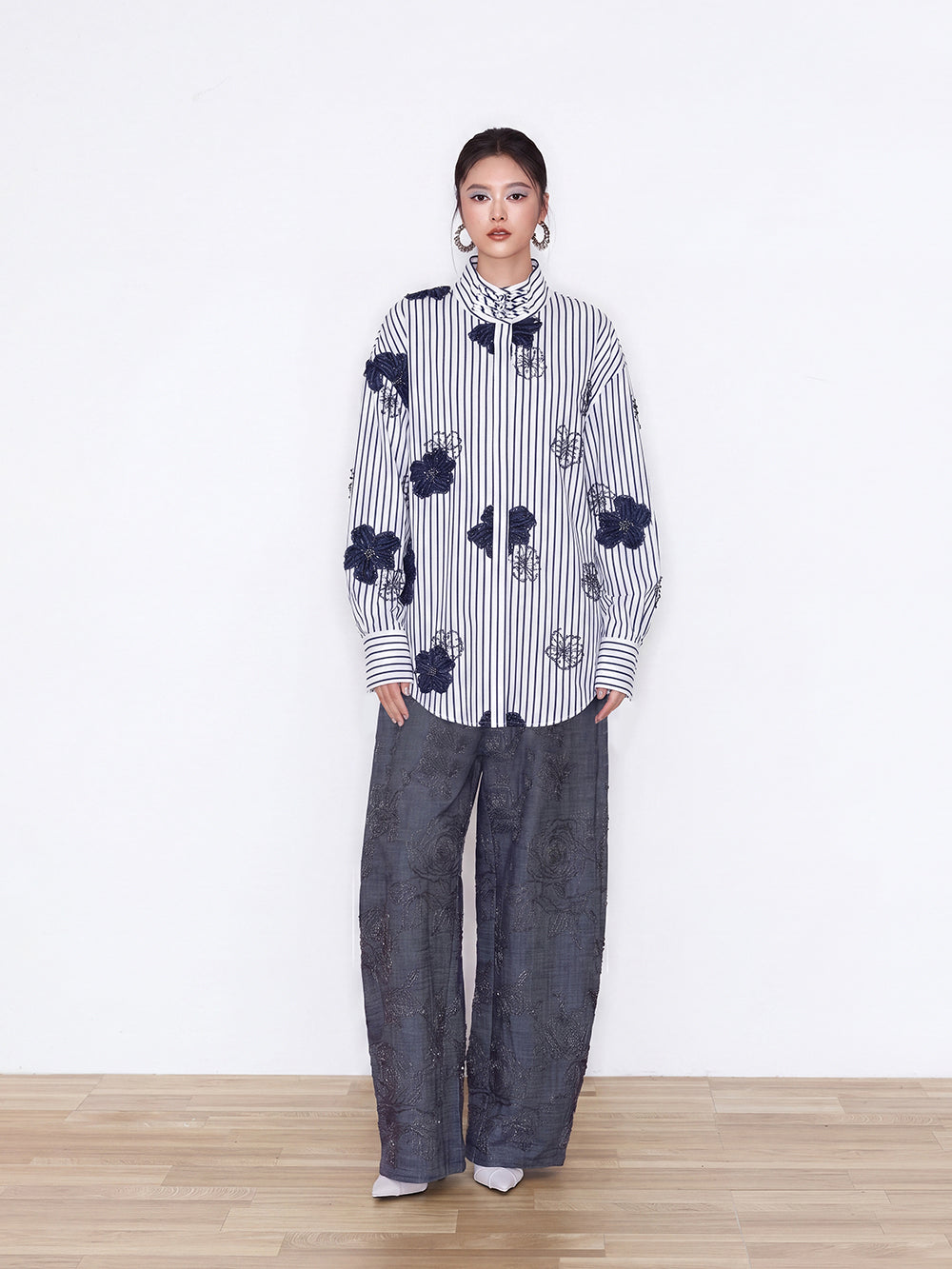 MUKZIN×Capsule Collection New Chinese-Style Embroidered Striped Long Sleeve Shirt