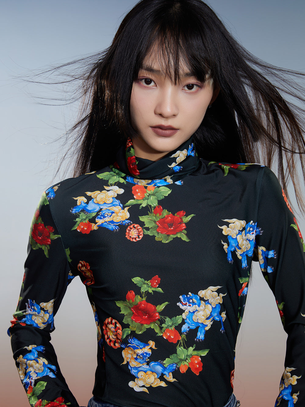 Thickened Fleece-Lined Autumn & Winter National Style Printed Turtleneck Base Shirt