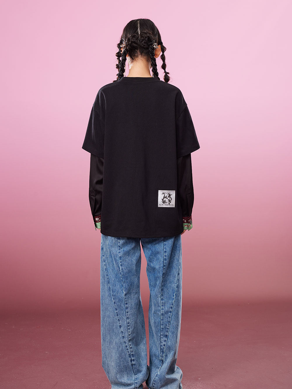 MUKZIN Fake Two-piece 2-color Embroidery School Style All-match T-shirts