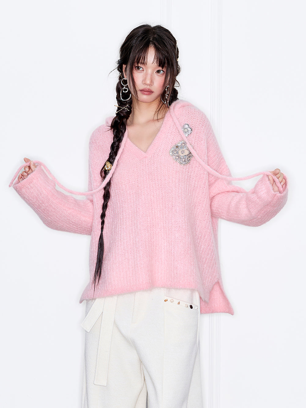 MUKZIN“Capsule Collection”Pink Mohair Loose V-Neck Sweater