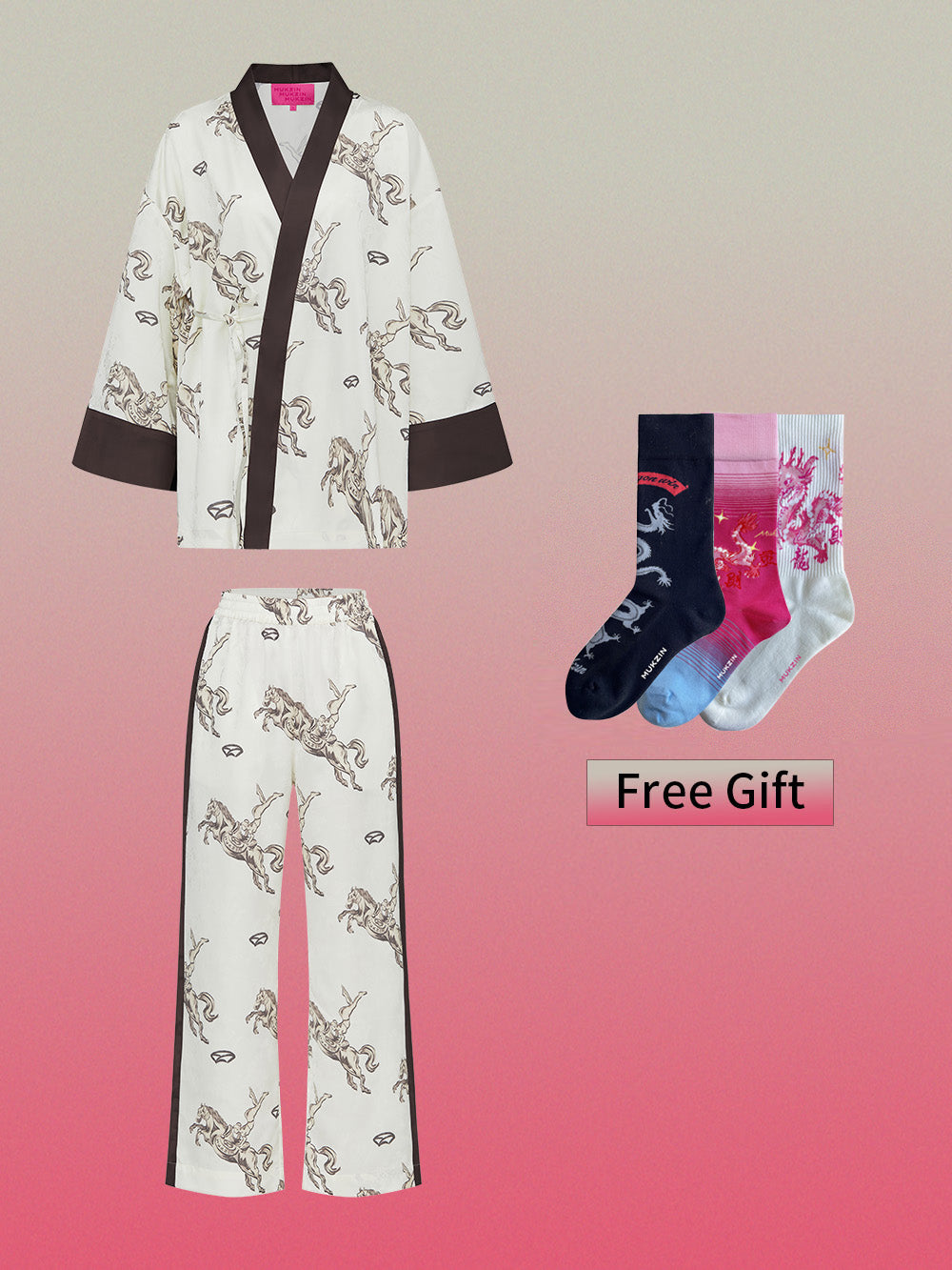 MUKZIN Color Block Printed Retro Style Shirt + Pants Set+Socks