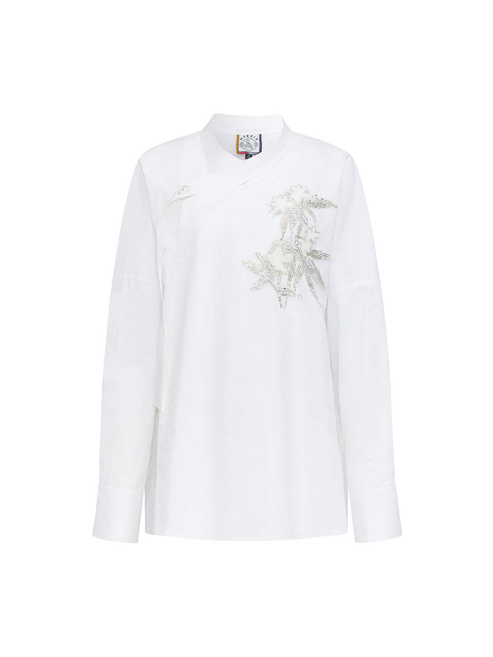 MUKZIN“Realm of Ethereal Mist”White Chinese - style Oblique - front Shirt with Sequin Floral Decoration