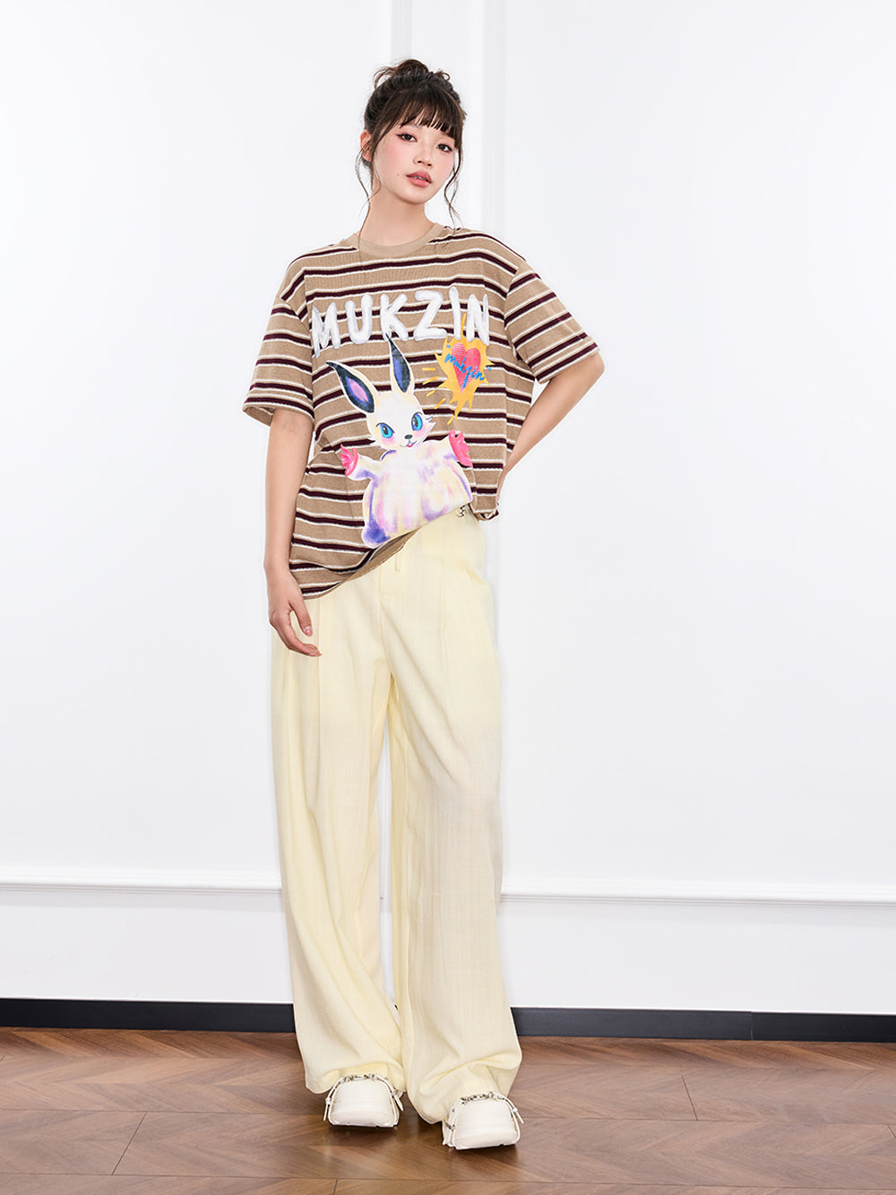MUKZIN "Ode to the New Summer" Khaki Striped Cute Rabbit T - shirt