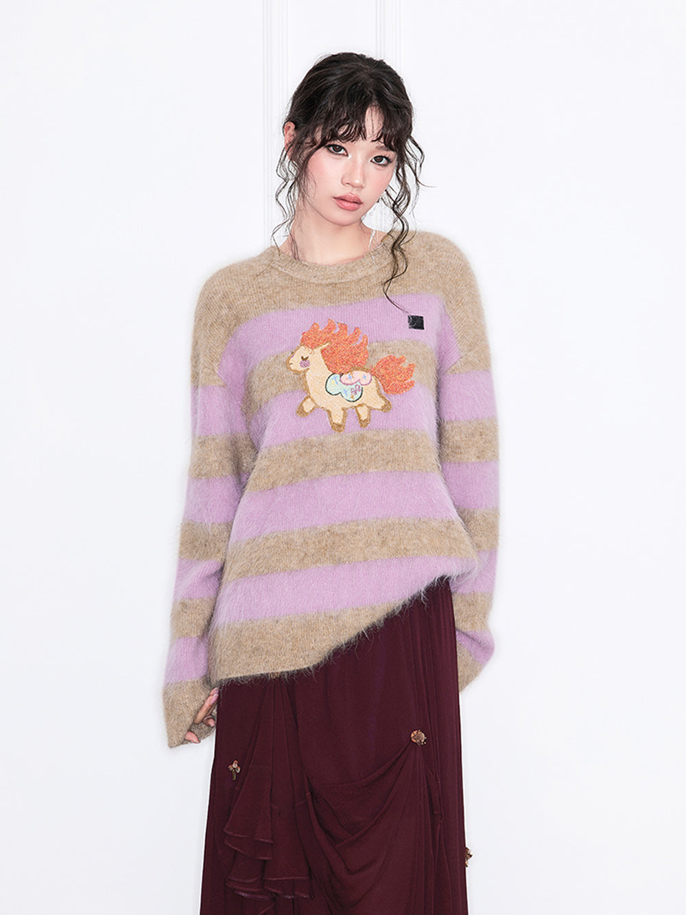 MUKZIN“Realm of Ethereal Mist”Cute Pony Embroidered Crew Neck Striped Knit Sweater
