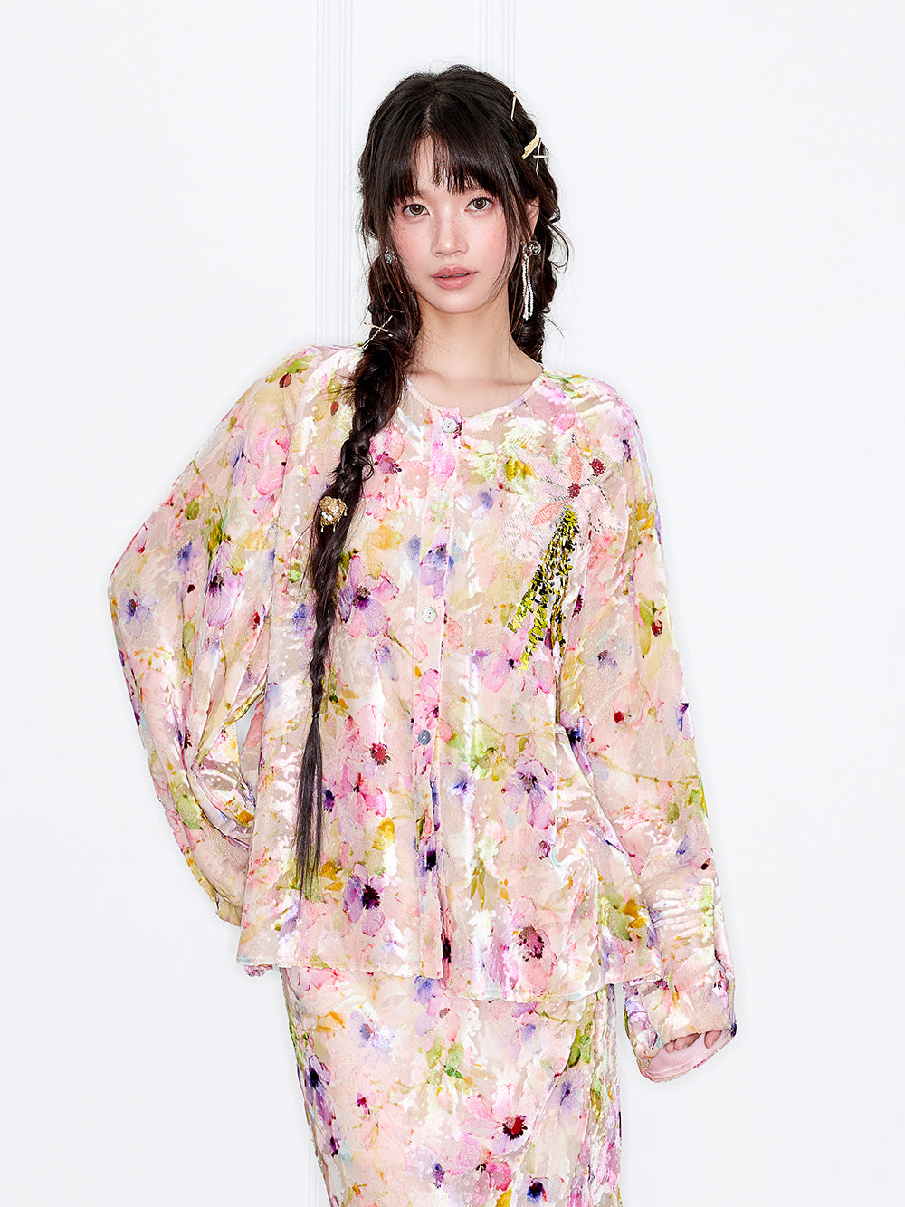 MUKZIN“Capsule Collection”Floral Watercolor Style Single-Breasted Embroidered Top