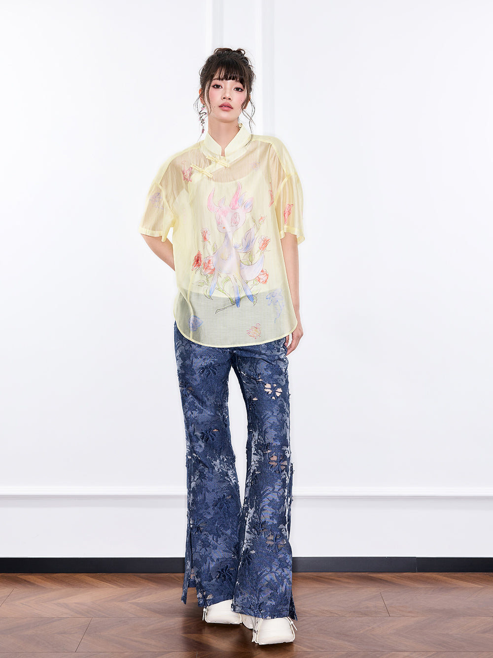 Mukzin "Ode To The New Summer"New Chinese-Style Shirt With Frog Buttons At The Collar And Printed Patterns