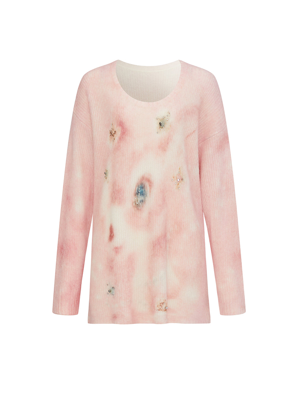 MUKZIN“The Sequence of Deer's Call”Pink/Green Halo Tie-Dye Distressed Decor Oversized Fuzzy Knit Sweater