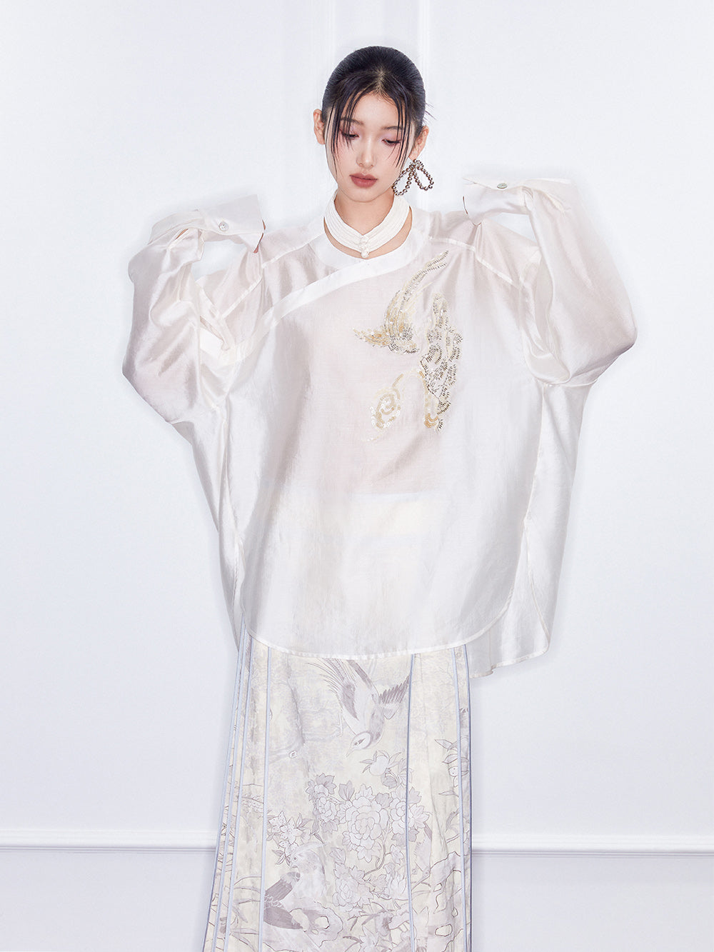 MUKZIN SpringPrelude Chanting Pine Chinese - style Round - collar Translucent Traditional - style Shirt