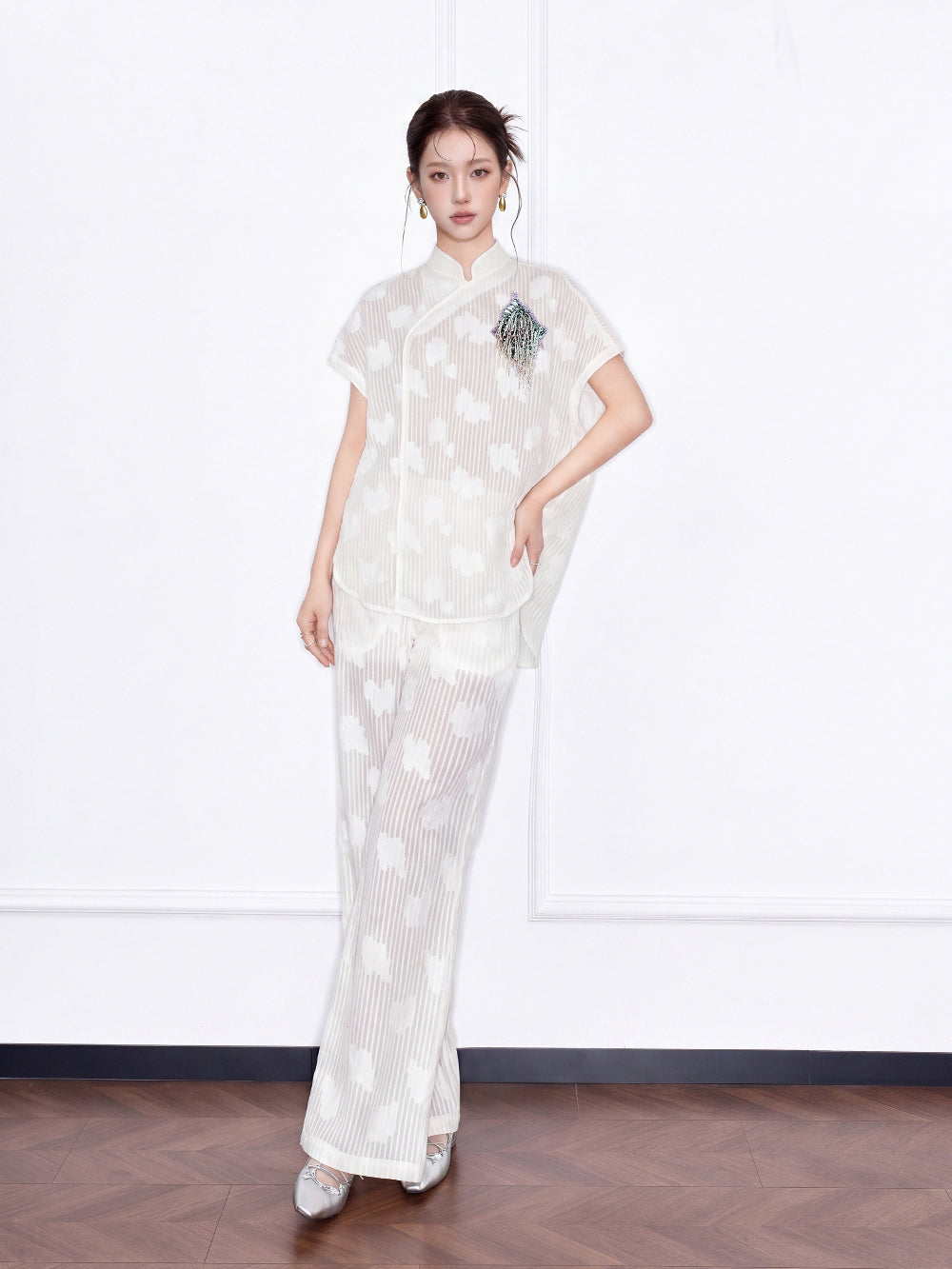 MUKZIN×Capsule Collection Modern Chinese Shirt Set with ICH Hami Hand Embroidery