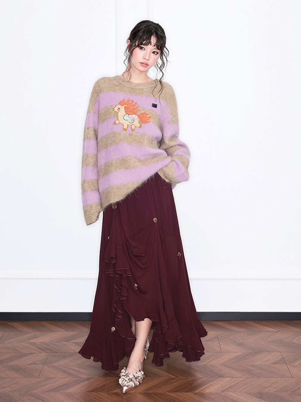 MUKZIN“Realm of Ethereal Mist”Cute Pony Embroidered Crew Neck Striped Knit Sweater