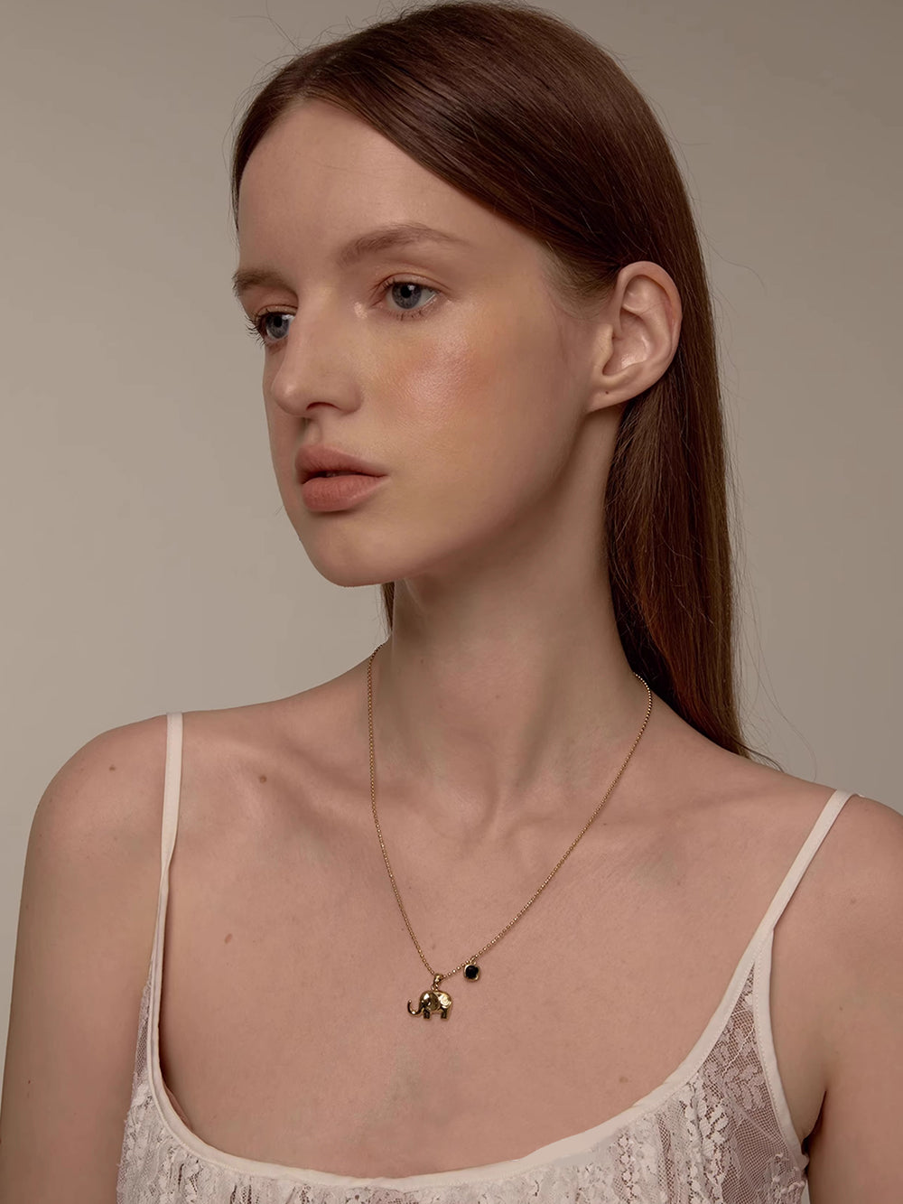 MUKTANK×SUN HUNTER Double-layered Necklace with Little Elephant Design and Black Spinel