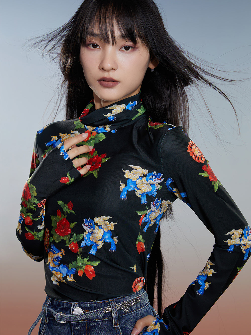 Thickened Fleece-Lined Autumn & Winter National Style Printed Turtleneck Base Shirt