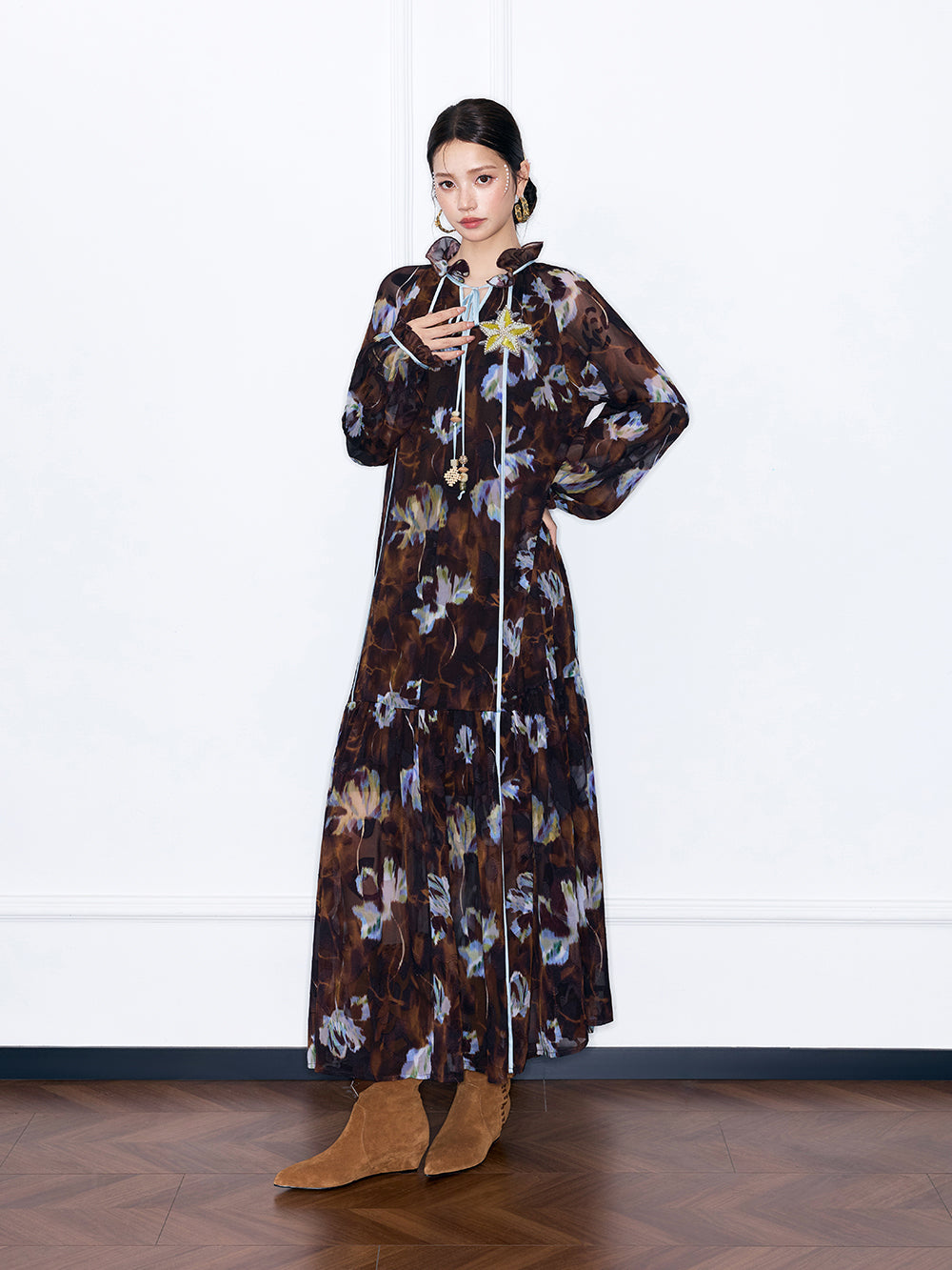 MUKZIN“Capsule Collection”Boho Floral Print Maxi Dress Long Sleeve Flowy Chiffon