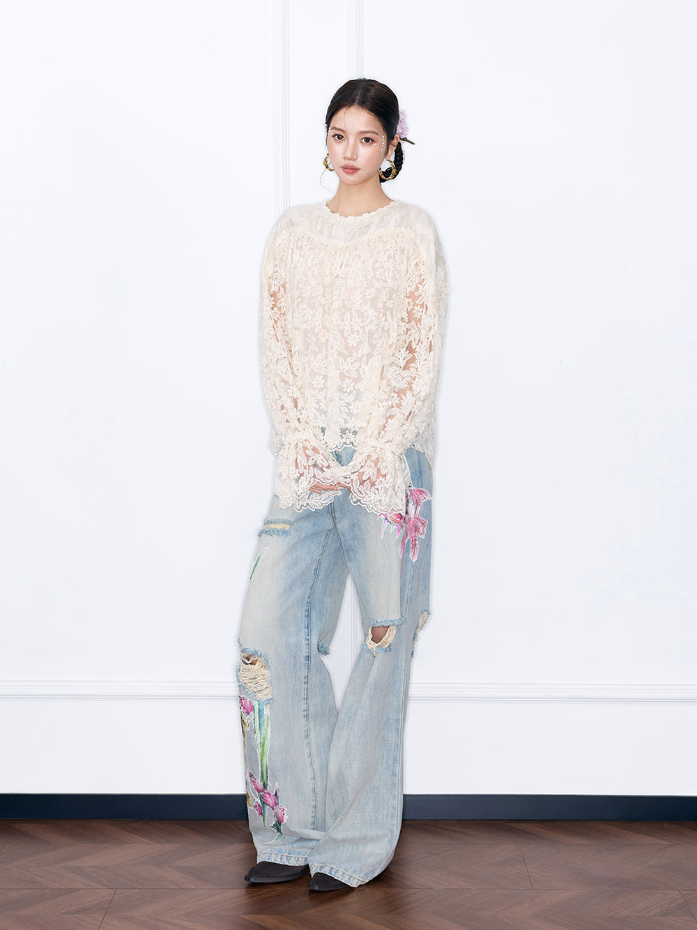 MUKZIN“Capsule Collection”Women's Sheer Floral Lace Blouse Long Lantern Sleeve Loose Fit Cottagecore Embroidered Top