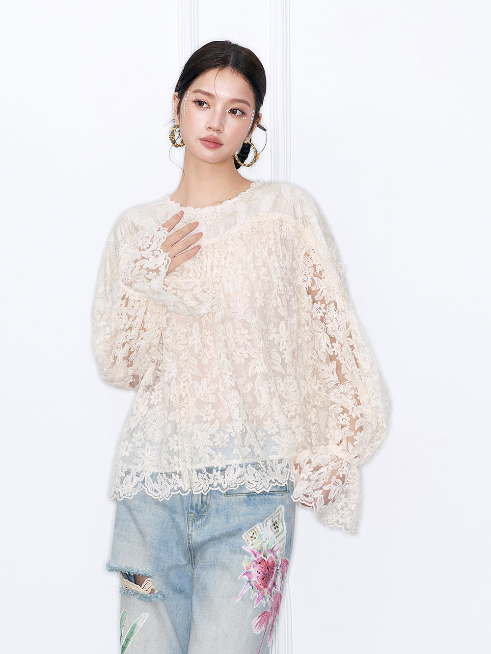 MUKZIN“Capsule Collection”Women's Sheer Floral Lace Blouse Long Lantern Sleeve Loose Fit Cottagecore Embroidered Top