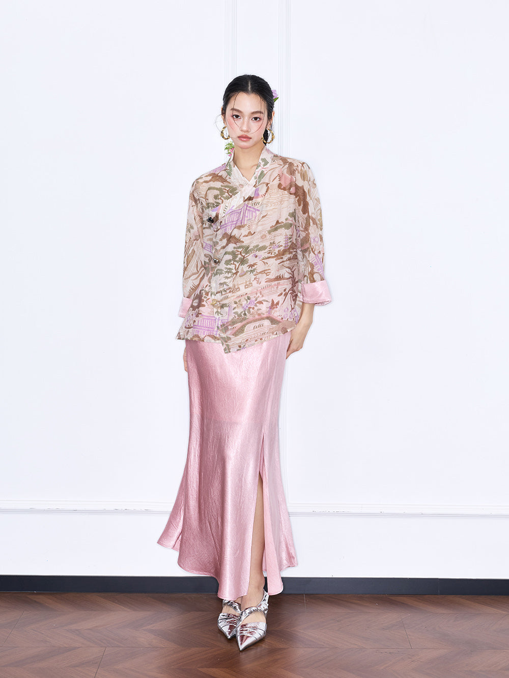 MUKZIN "Capsule Collection" Chinese Style Pink Acetate Slit Mermaid Midi Skirt with Elegant Draping