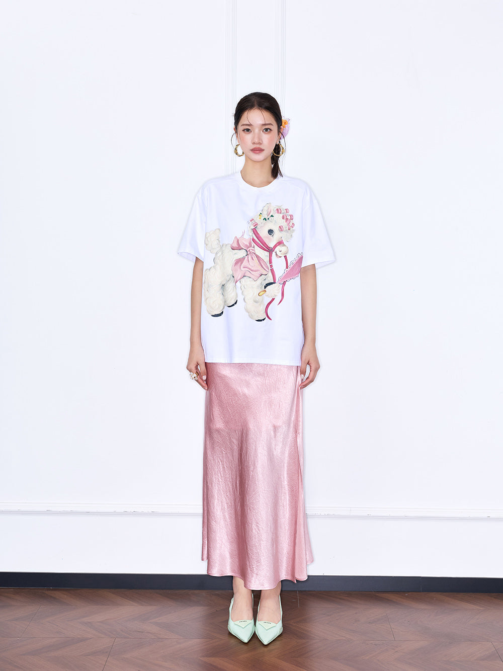 MUKZIN "Capsule Collection" Chinese Style Pink Acetate Slit Mermaid Midi Skirt with Elegant Draping