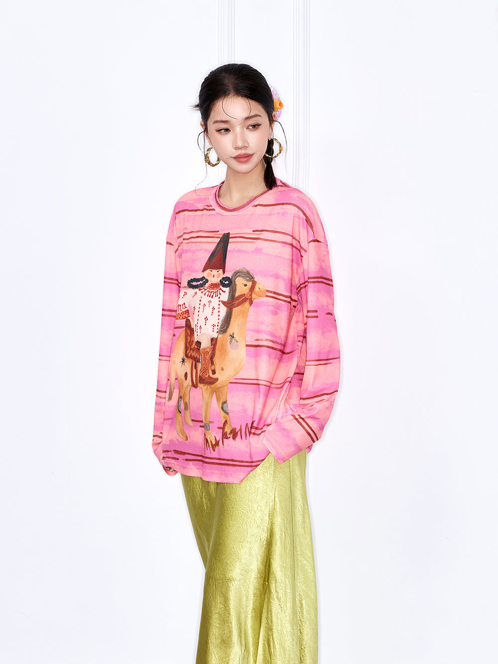 MUKZIN “Chang’an Summer Feast” New Chinese Style Pink Striped Printed T-Shirt