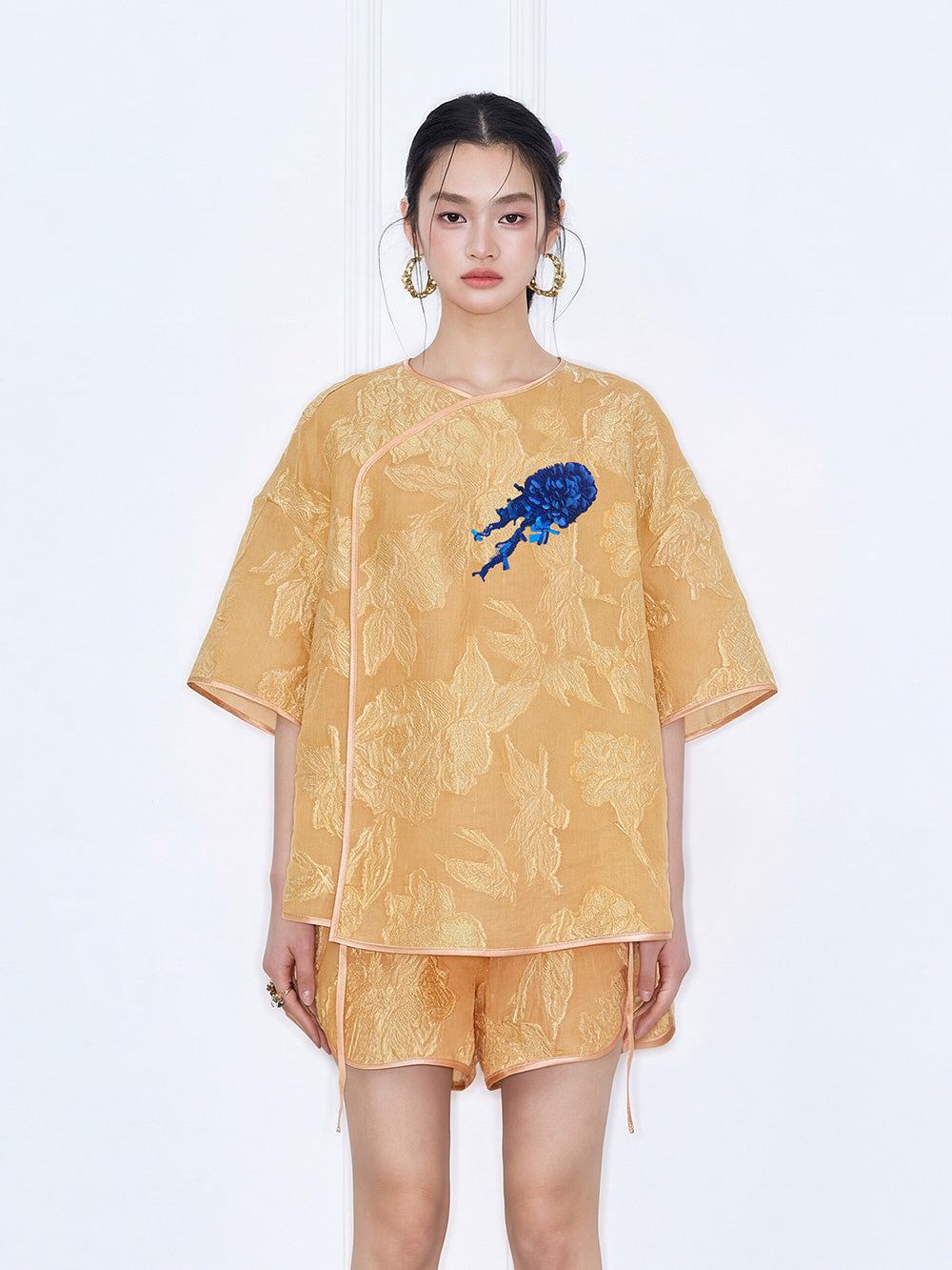 MUKZIN "Capsule Collection" New‑Chinese Style Embroidered Mulberry Silk Orange Set Shirt