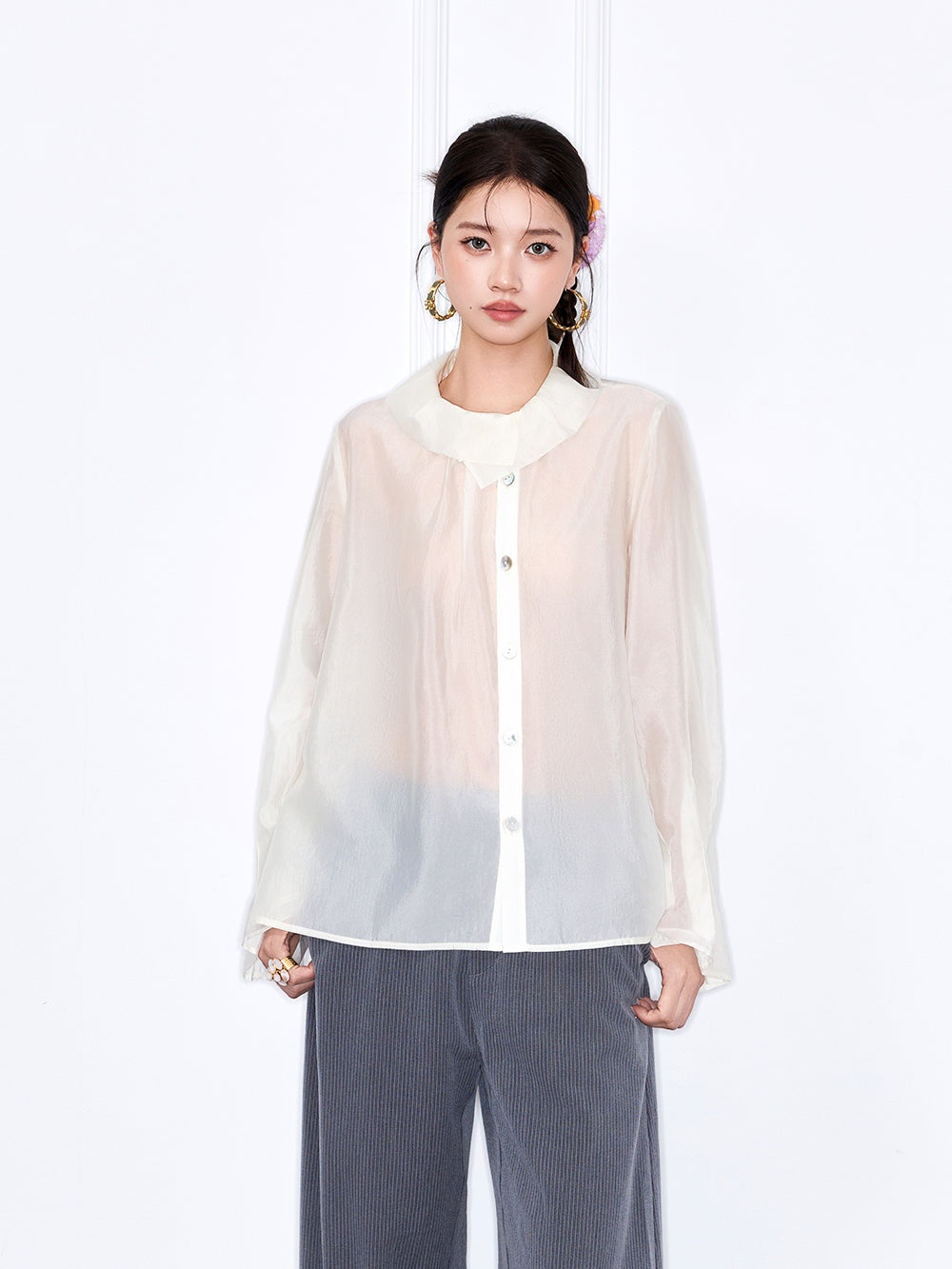 MUKZIN "Capsule Collection" Unique Designer New Chinese Style Versatile Pink/White Blouse
