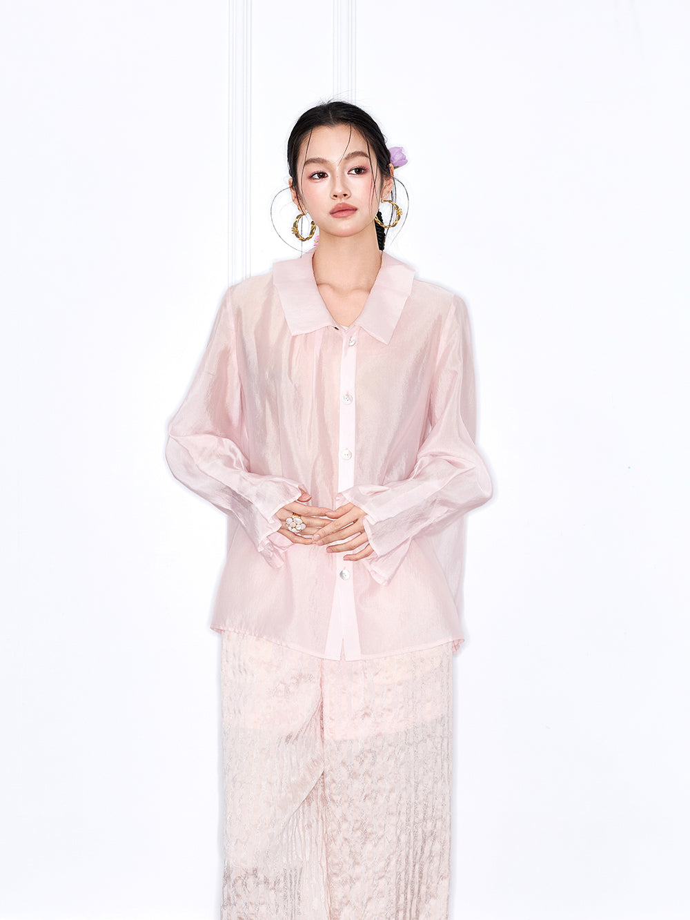 MUKZIN "Capsule Collection" Unique Designer New Chinese Style Versatile Pink/White Blouse