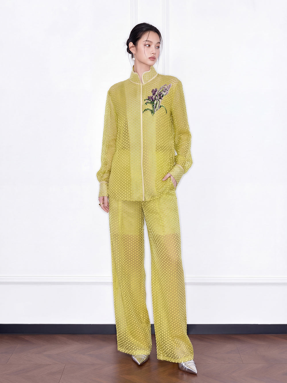 MUKZIN "Capsule Collection" New Chinese Style Embroidered Summer Silk Set, Mulberry Silk Blouse