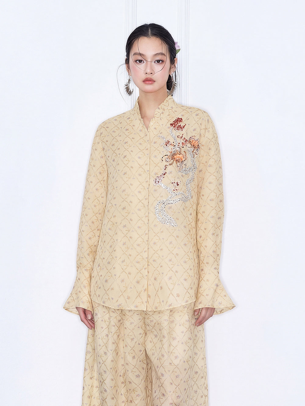 MUKZIN "Capsule Collection" New Chinese Style Yellow Embroidered Mulberry Silk Matching Set Shirt
