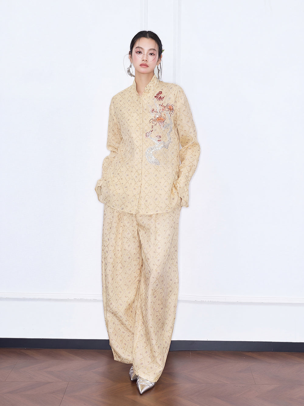 MUKZIN "Capsule Collection" New Chinese Style Yellow Embroidered Mulberry Silk Matching Set Shirt