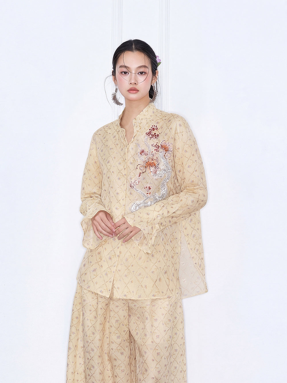 MUKZIN "Capsule Collection" New Chinese Style Yellow Embroidered Mulberry Silk Matching Set Shirt