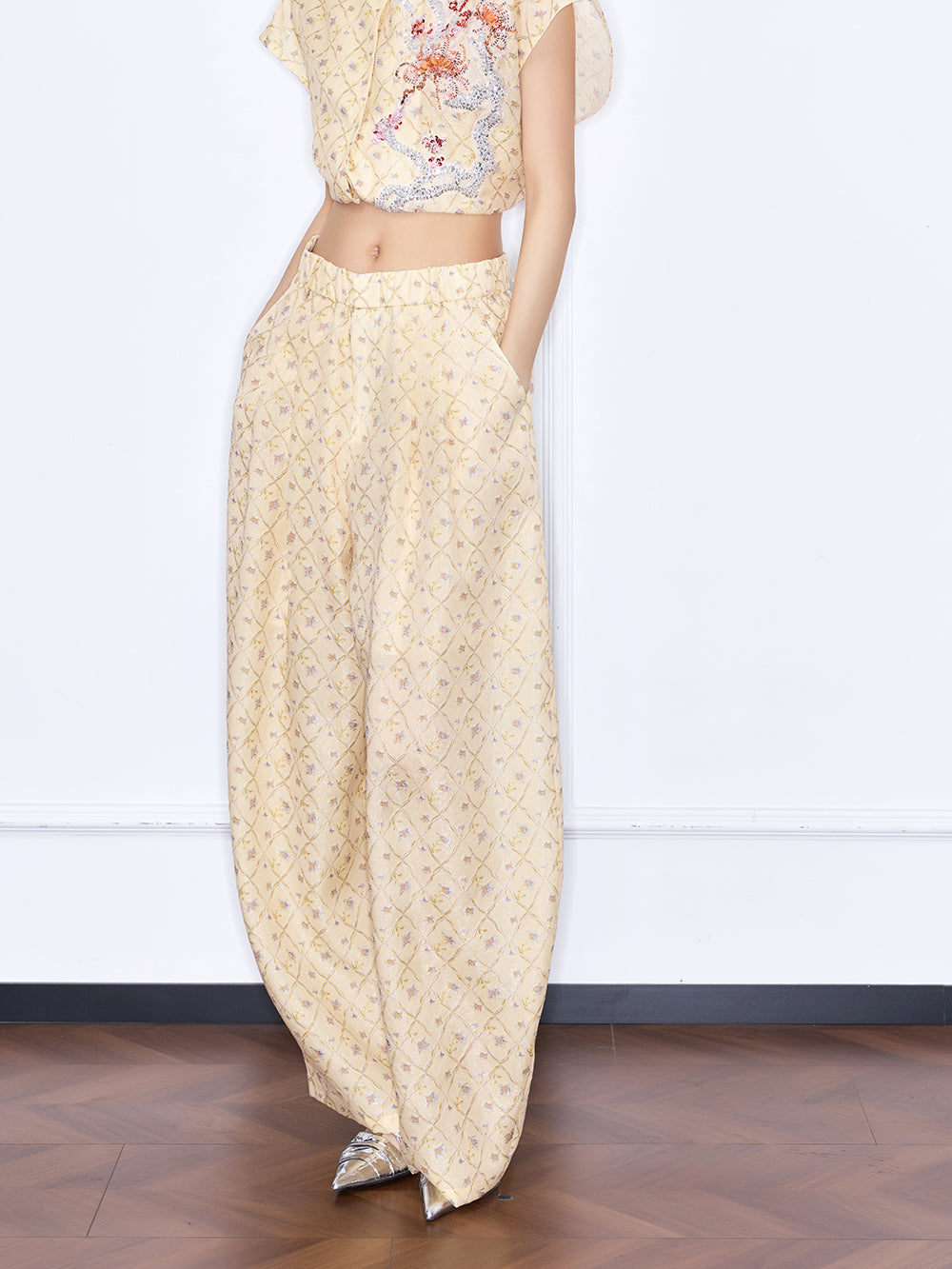 MUKZIN "Capsule Collection" New Chinese Style Yellow Embroidered Mulberry Silk Matching Set Trousers
