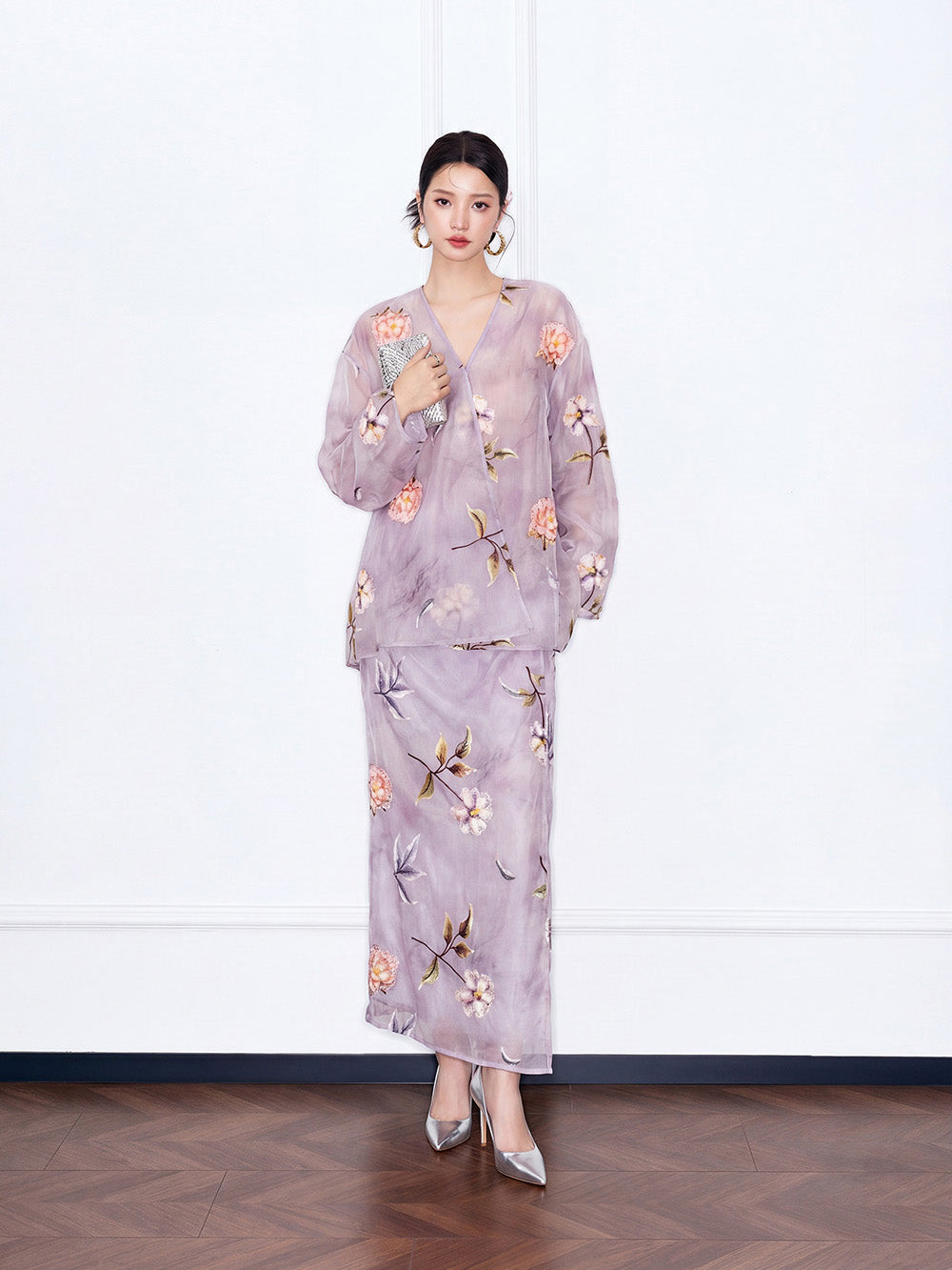 MUKZIN×"Capsule Collection" New Chinese Style Embroidered Loose Purple V-Neck Set Midi Skirt