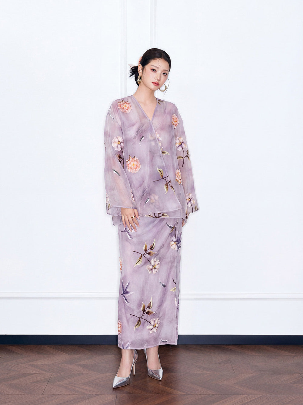 MUKZIN×"Capsule Collection" New Chinese Style Embroidered Loose Purple V-Neck Set Midi Skirt