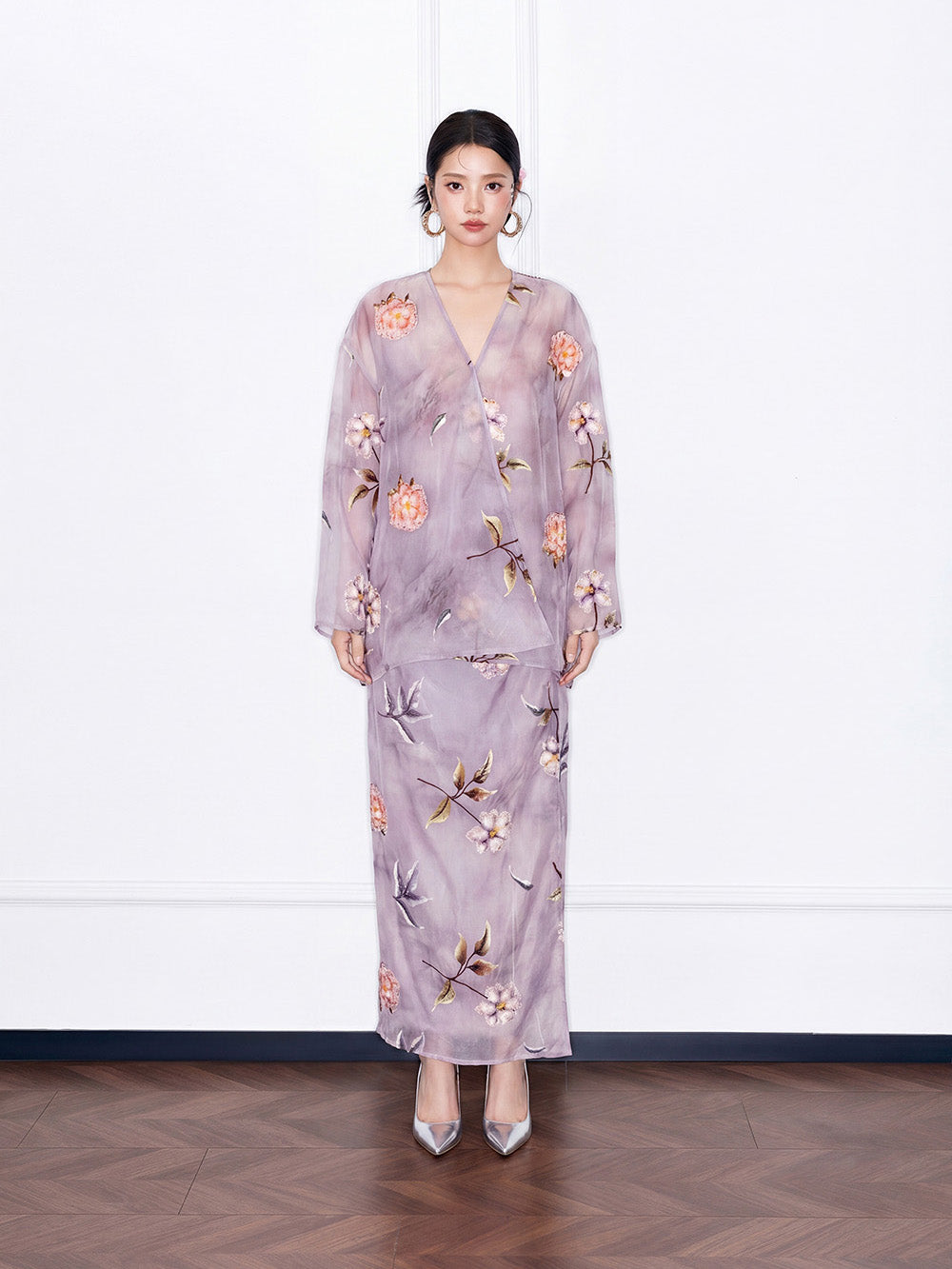 MUKZIN×"Capsule Collection" New Chinese Style Embroidered Loose Purple V-Neck Set Midi Skirt