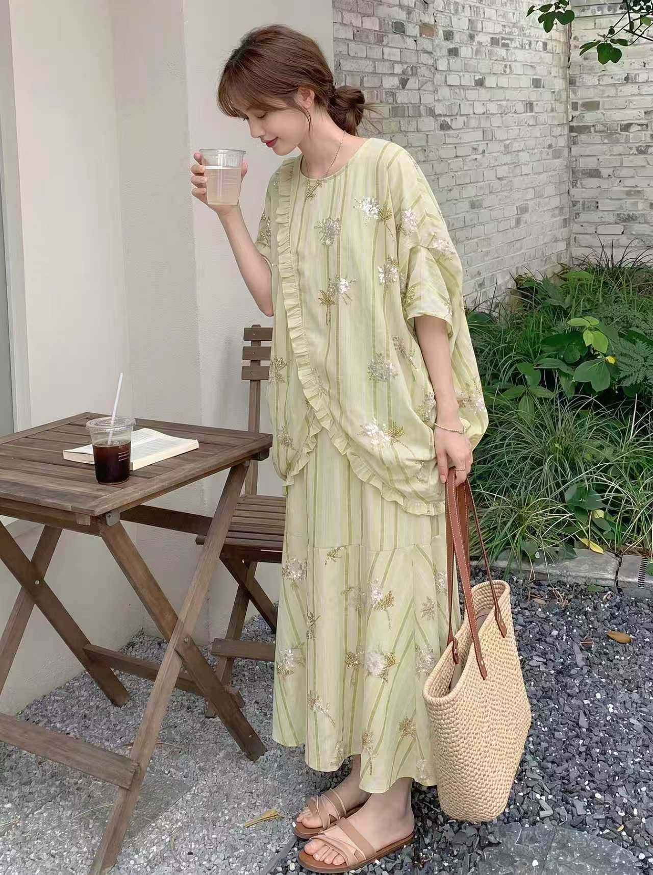 MUKZIN "Capsule Collection" New Chinese Style Two Piece Embroidery Ramie Green Dress