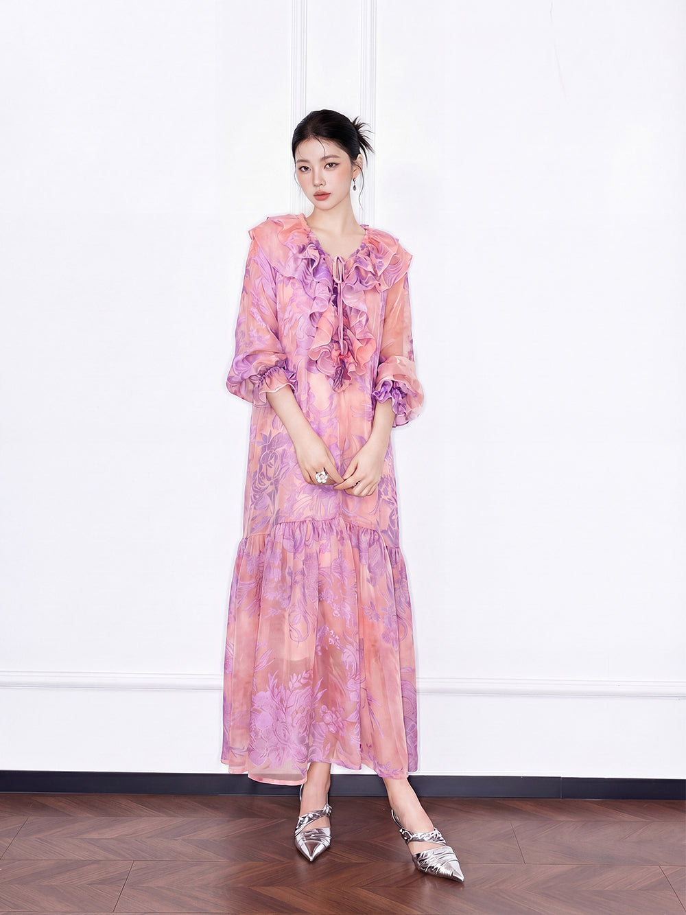 MUKZIN "Capsule Collection" New Chinese Style Embroidered Ruffle V-Neck Printed Pink Dress