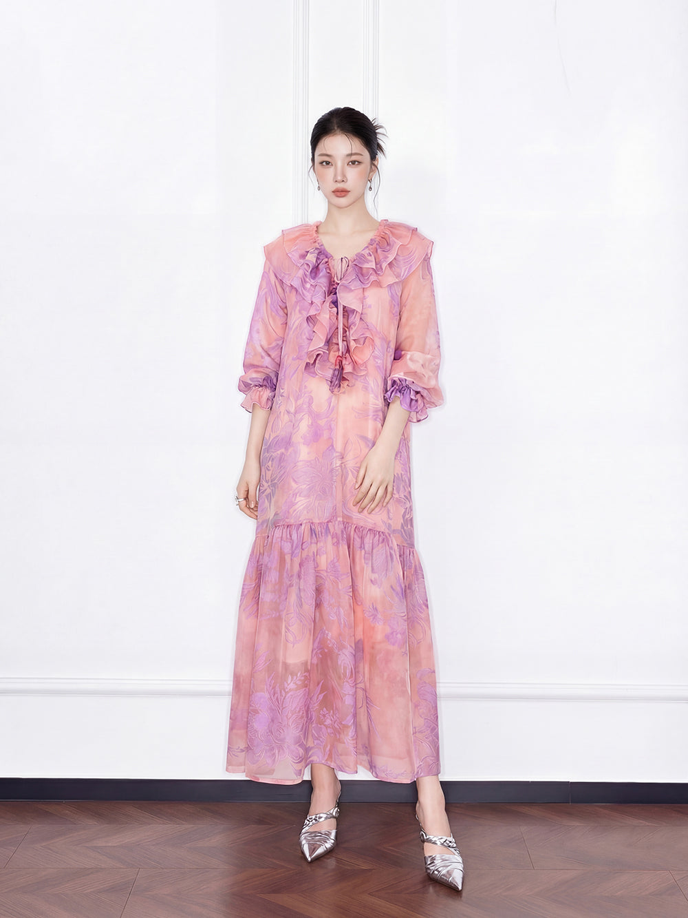 MUKZIN "Capsule Collection" New Chinese Style Embroidered Ruffle V-Neck Printed Pink Dress