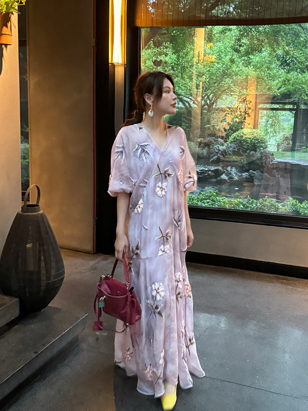MUKZIN×"Capsule Collection" New Chinese Style Embroidered Vacation Purple V-Neck Dress